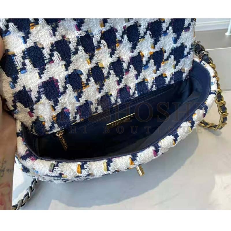 Ch**el Women 19 Flap Bag Tweed Gold Silver-Tone Ruthenium-Finish Metal Ecru Navy Blue Multicolor Master Quality