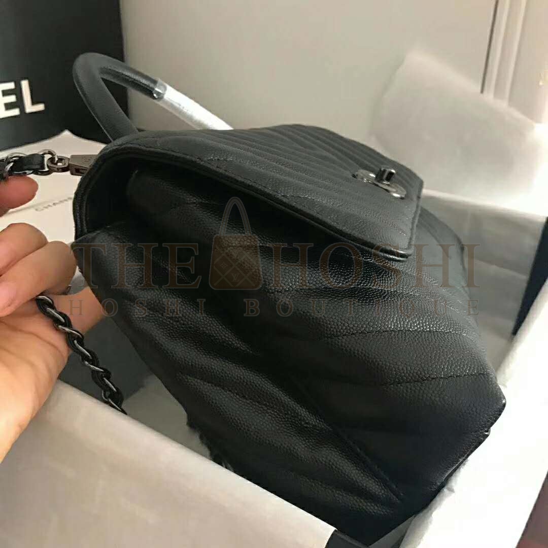 Ch**el Women Flap Bag with Top Handle Grained Calfskin-Black Master Quality