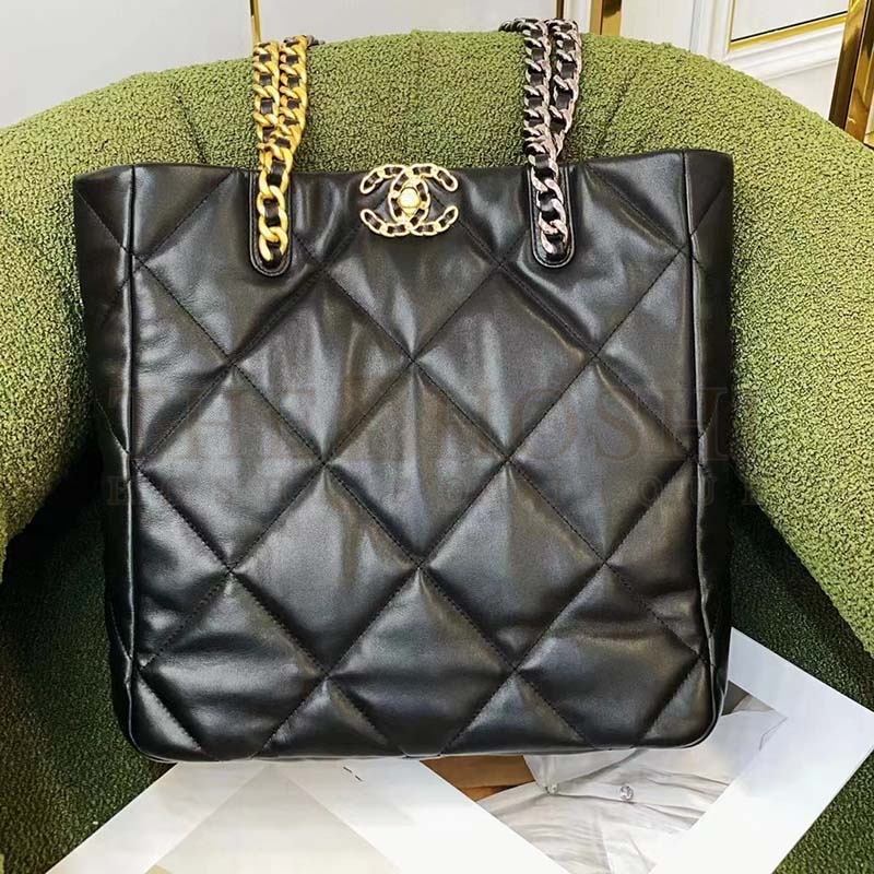 Ch**el Women CC Ch**el 19 Shopping Bag Lambskin Gold Silver-Tone Metal Black Master Quality