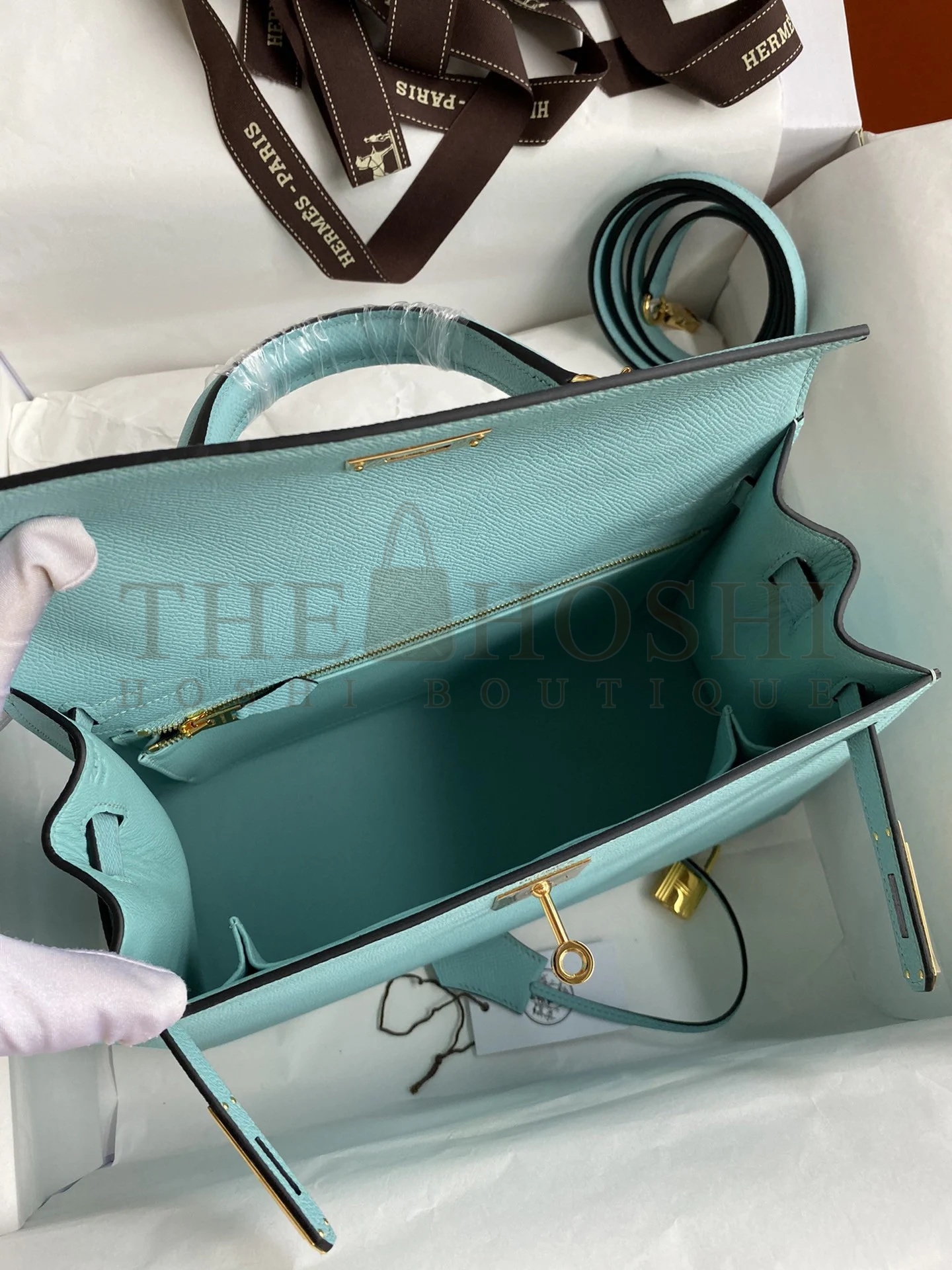 H**me5 Kelly Sellier 28 Handmade Bag In Blue Atoll Epsom Calfskin Master Quality