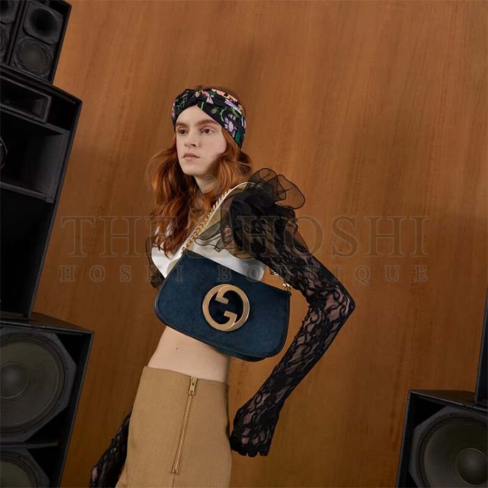 Gvc*1 Women GG Blondie Shoulder Bag Deep Blue Suede Interlocking G Master Quality