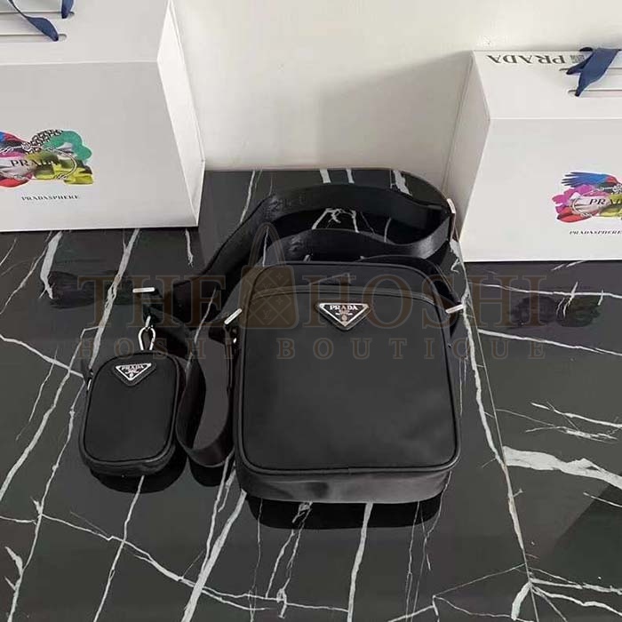 Pra*a Unisex Re-Nylon Saffiano Shoulder Bag Black Zipper Closure Fabric Leather Master Quality