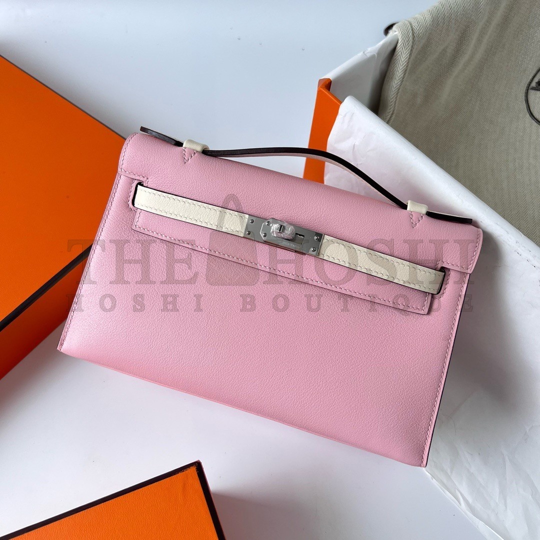 H**me5 HSS Kelly Pochette Bicolor Bag in Pink and Craie Swift Calfskin Master Quality