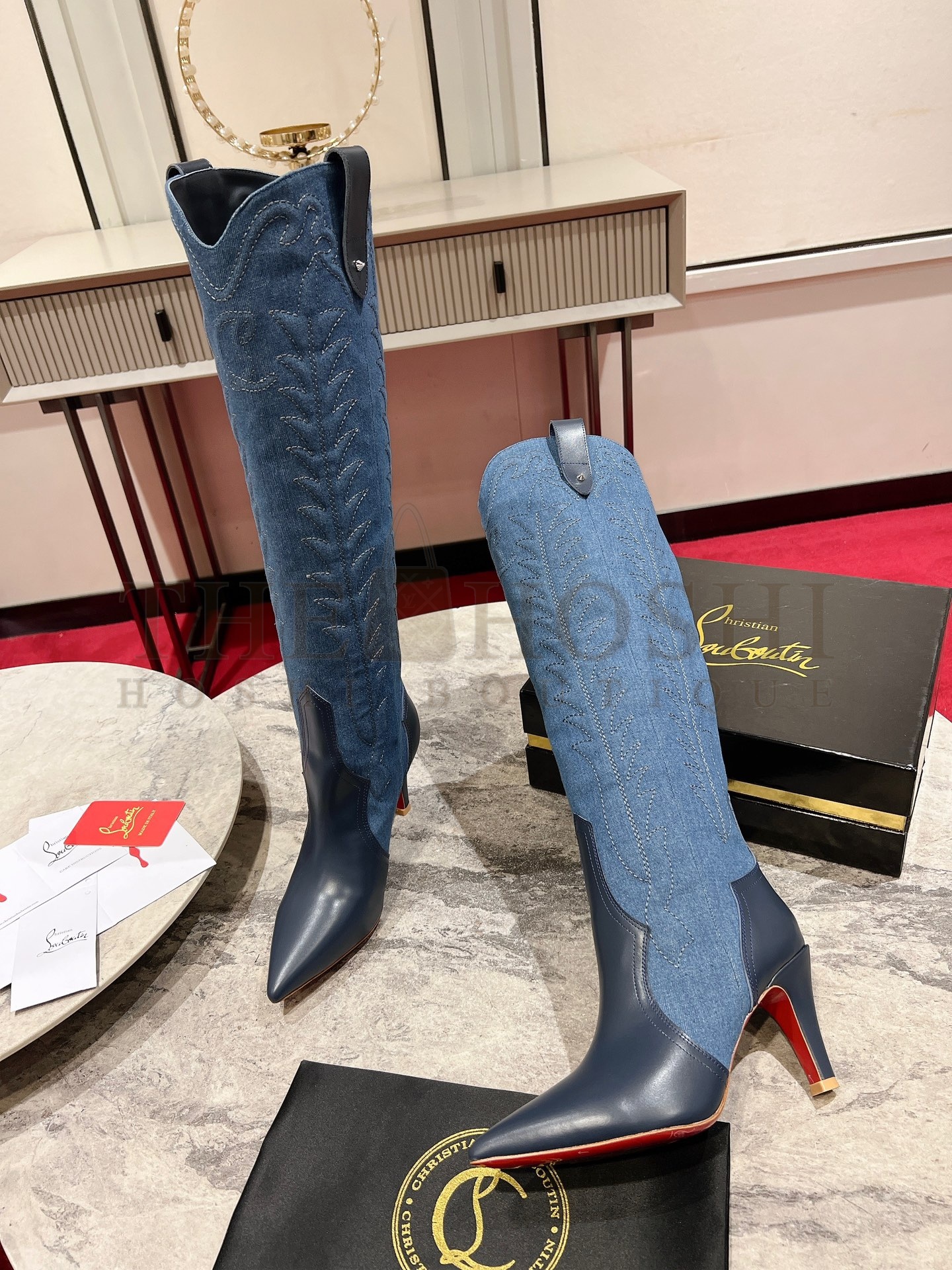 CL Santiabooty Classic Western Cowboy Boots Calfskin Denim 8.5cm Heel Master Quality