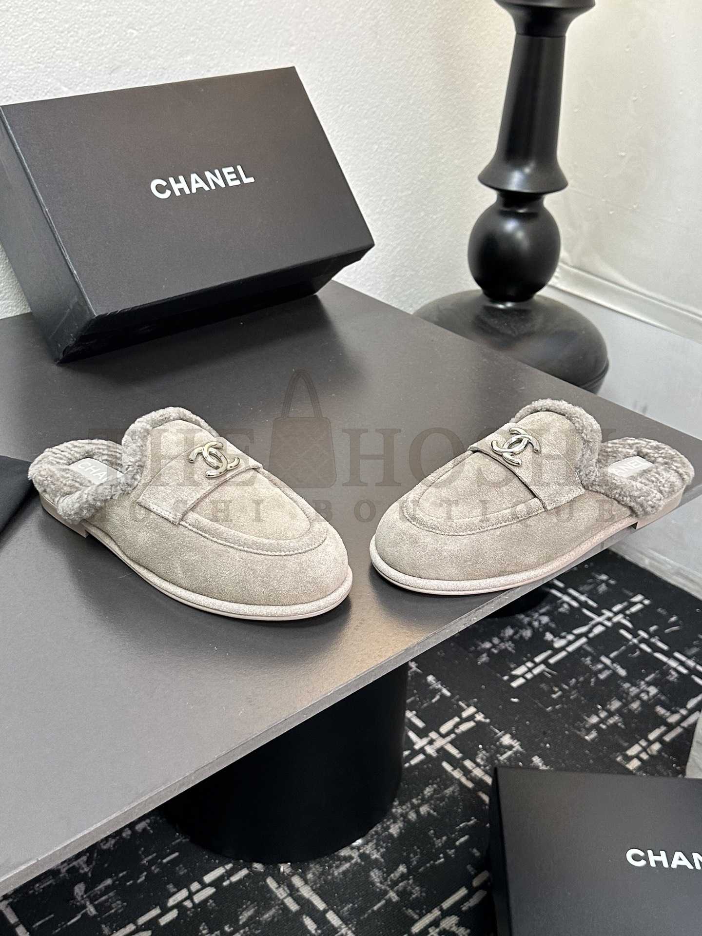 Ch**el CH 25K Fur Mule Slippers Suede Leather Shearling Lined 35-41 Master Quality