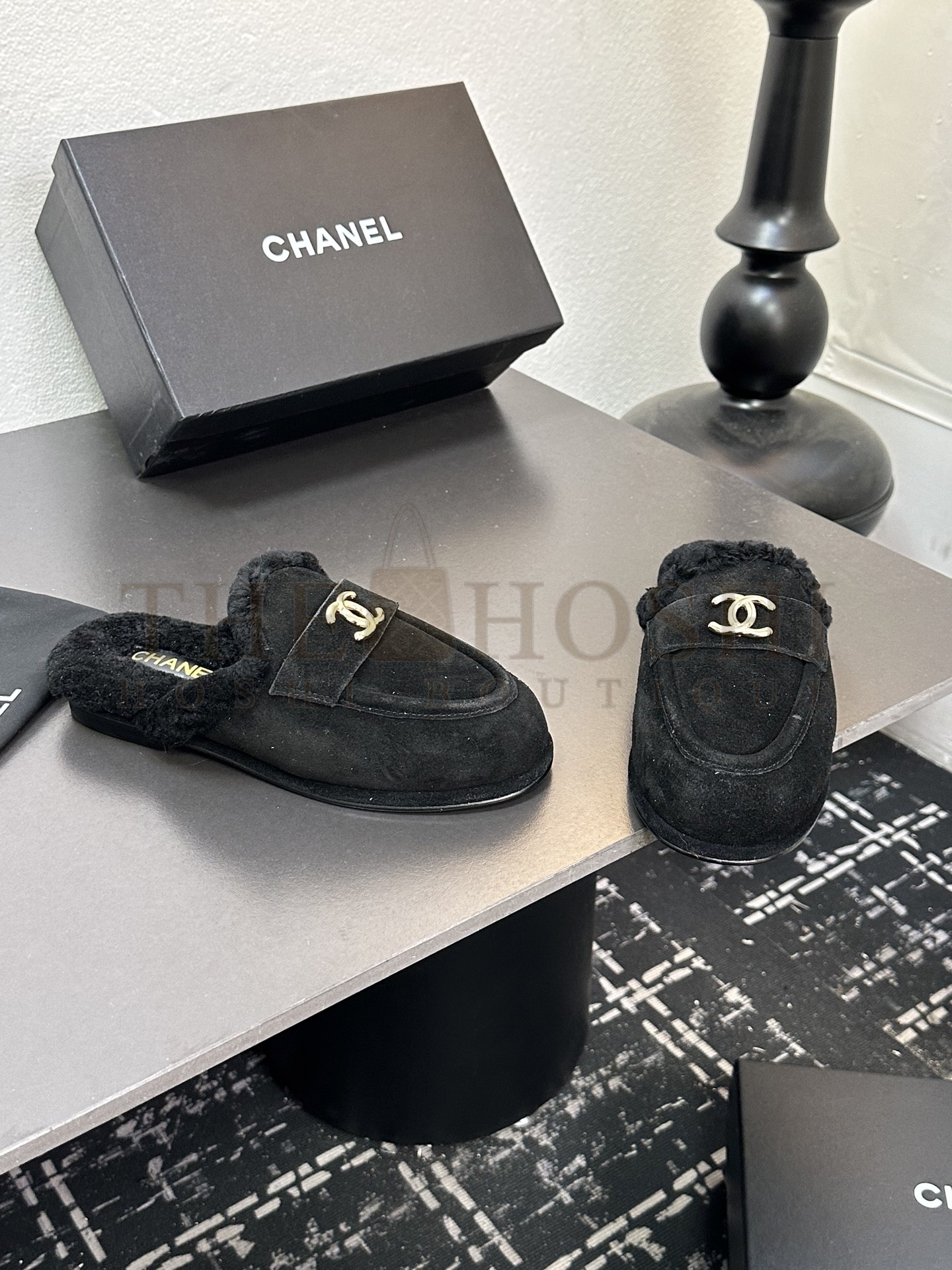 Ch**el CH 25K Fur Mule Slippers Suede Leather Shearling Lined 35-41 Master Quality