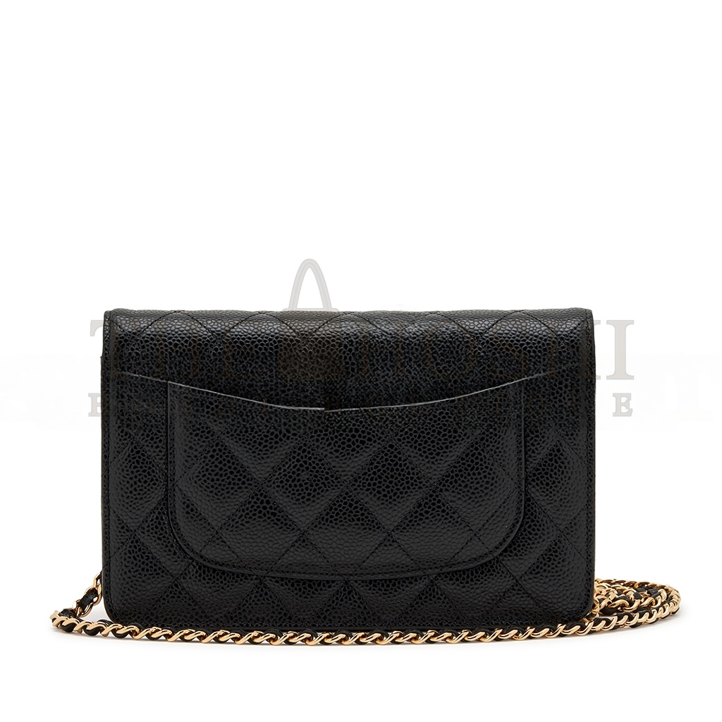 Ch**el QUILTED CAVIAR WALLET ON CHAIN WOC BLACK GOLD HARDWARE A33814 (19*12*3cm) Master Quality