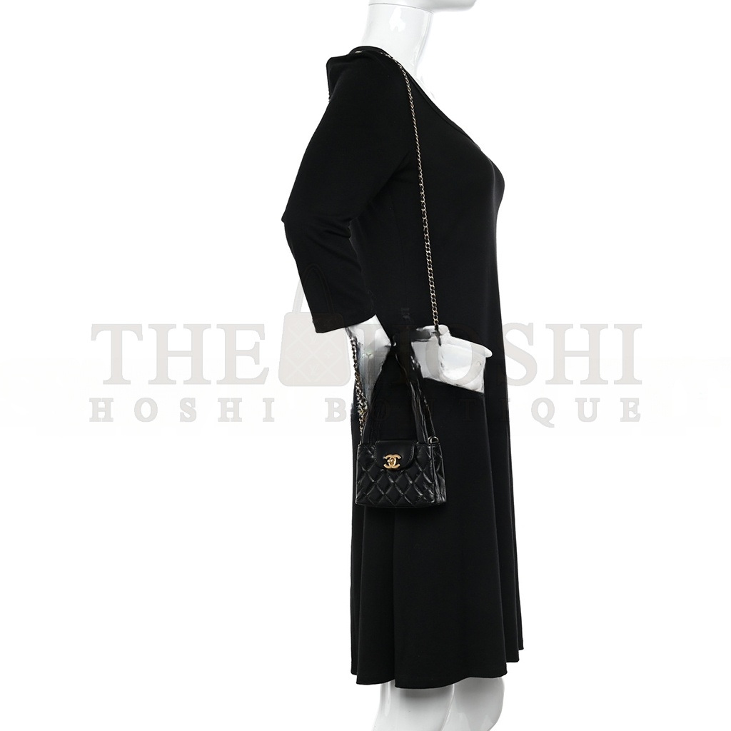 Ch**el SHINY CALFSKIN QUILTED MINI NANO KELLY SHOPPER BLACK (12.5*8*4cm) Master Quality