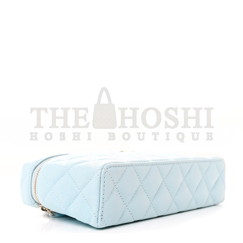 Ch**el CC TOP HANDLE LONG VANITY CASE WITH CHAIN SHINY CAVIAR LIGHT GOLD HARDWARE LIGHT BLUE AP4385 B10583 (19.5*17*5cm) Master Quality