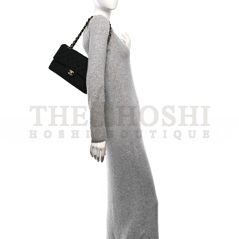 Ch**el JERSEY QUILTED MEDIUM DOUBLE FLAP BLACK  (25*17*7cm) Master Quality