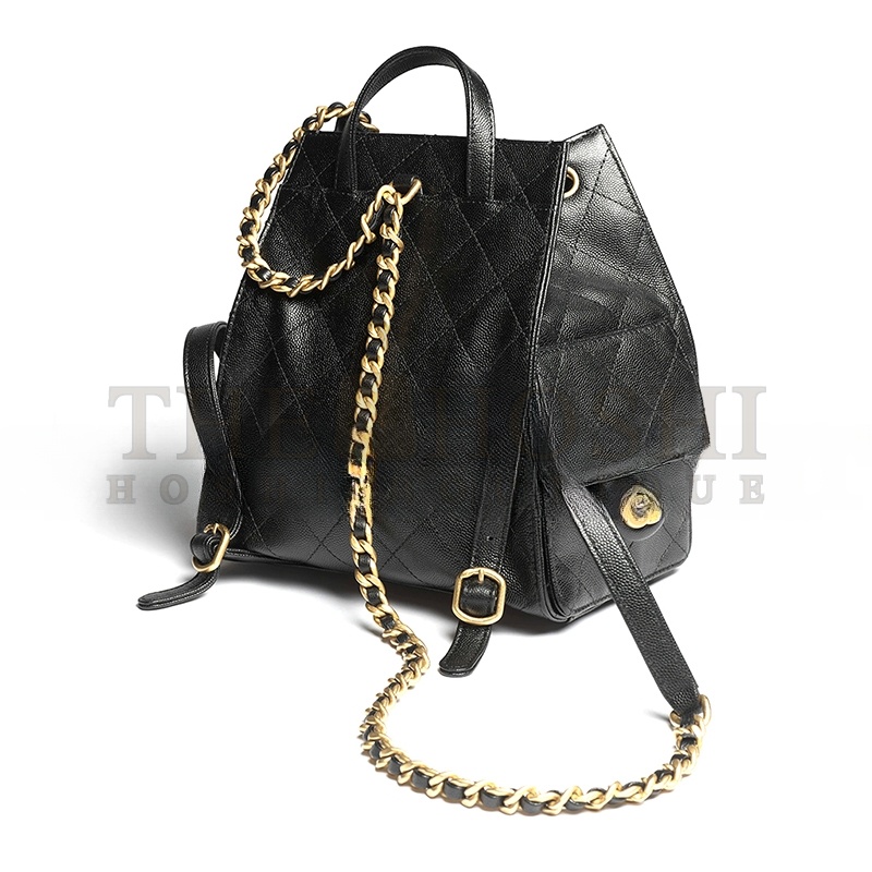 Ch**el 25 MEDIUM BACKPACK GRAINED CALFSKIN &amp; GOLD-TONE METAL BLACK AS5600 (23*23*14cm) Master Quality