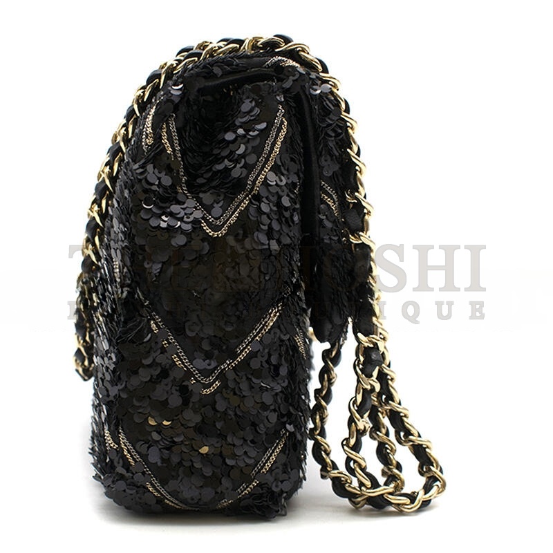 Ch**el CLASSIC FLAP BAG IN CHEVRON CHAIN &amp; SEQUIN WITH BLACK CALFSKIN LINING AND GOLD HARDWARE (21*14*8cm) Master Quality