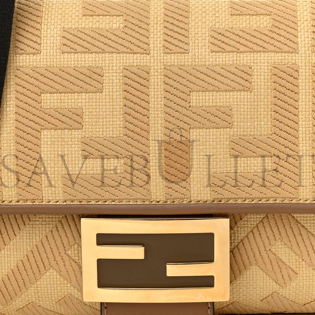F**di RAFFIA VITELLO KING LUCIDO FF EMBROIDERED BAGUETTE GRANO SAND (28*15*6cm) Master Quality