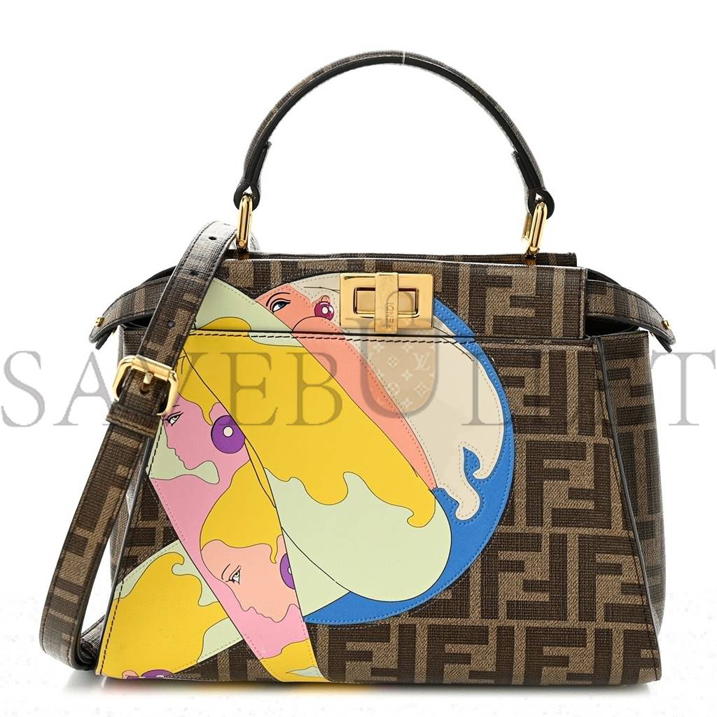 F**di GLAZED FABRIC VITELLO FF 1974 HAIRDO GIRLS INLAY MINI PEEKABOO ICONIC SATCHEL MOGANO PANNA MULTICOLOR (23*18*13cm) Master Quality