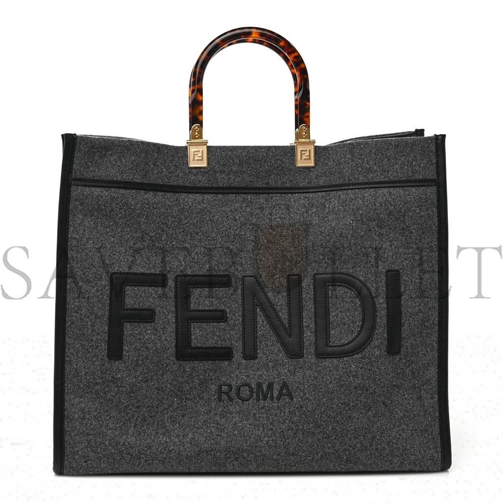 F**di MELANGE FLANNEL PLEXIGLASS SATIN LOGO EMBROIDERED THREADED EDGE MEDIUM F**di SUNSHINE SHOPPER TOTE GRIGIO BLACK (40*34*20cm) Master Quality