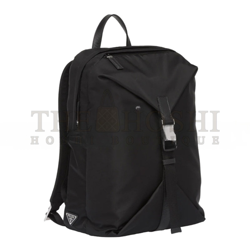 Pra*a BLACK RE-NYLON AND SAFFIANO LEATHER BACKPACK 2VZ028 (43*29*16cm) Master Quality