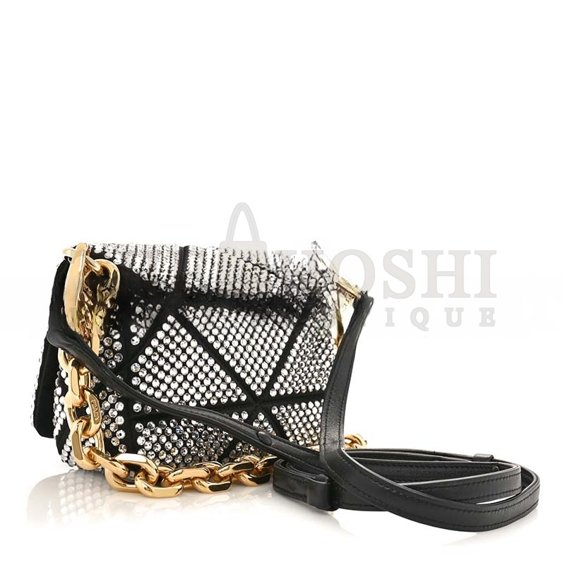 Pra*a CRYSTAL MINI BAG WITH CHAIN BLACK 1BD329 (17*11.5*6cm) Master Quality