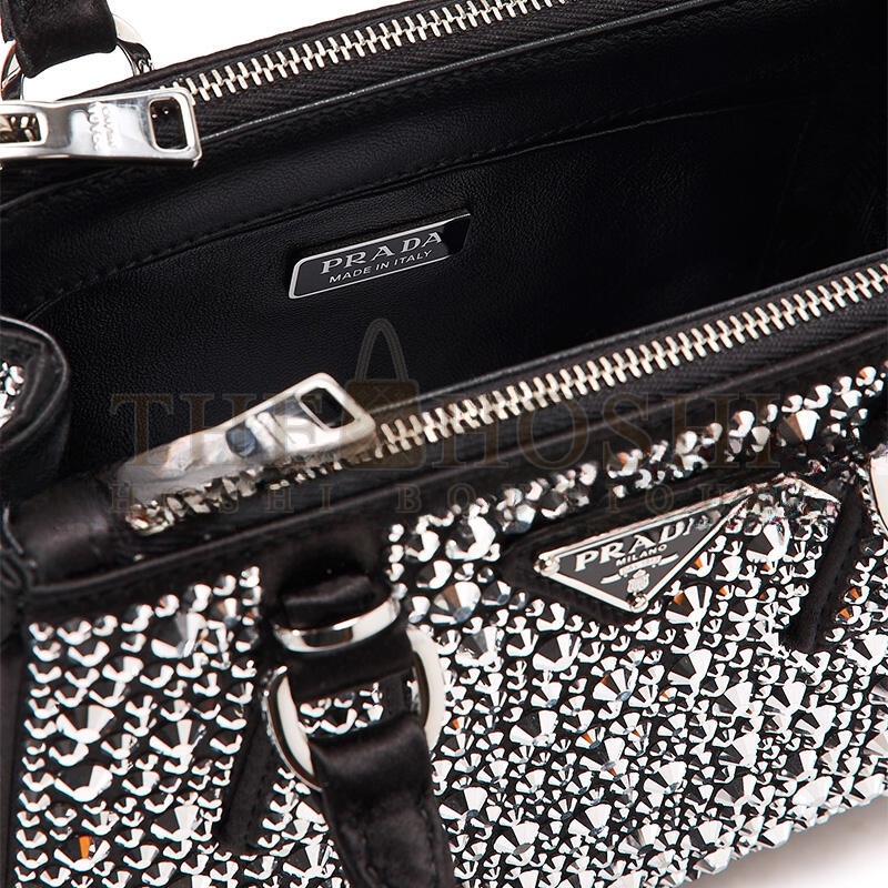 Pra*a BLACK SATIN AND CRYSTAL MINI GALLIERA TOTE BAG 1BA906 (20*15*9.5cm) Master Quality