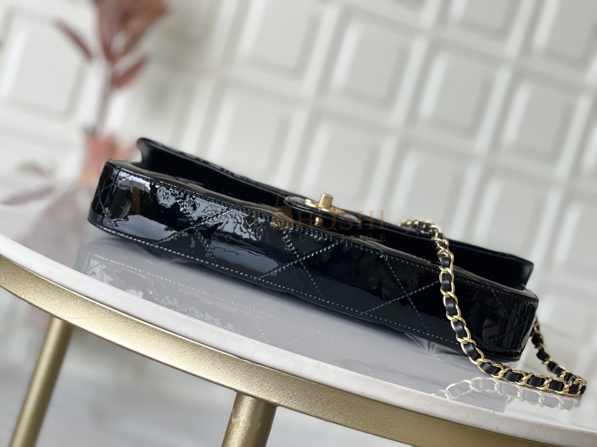 Ch**el CH 25K Patent Flap Handle Bag AS5807 Black 12×29×5 cm