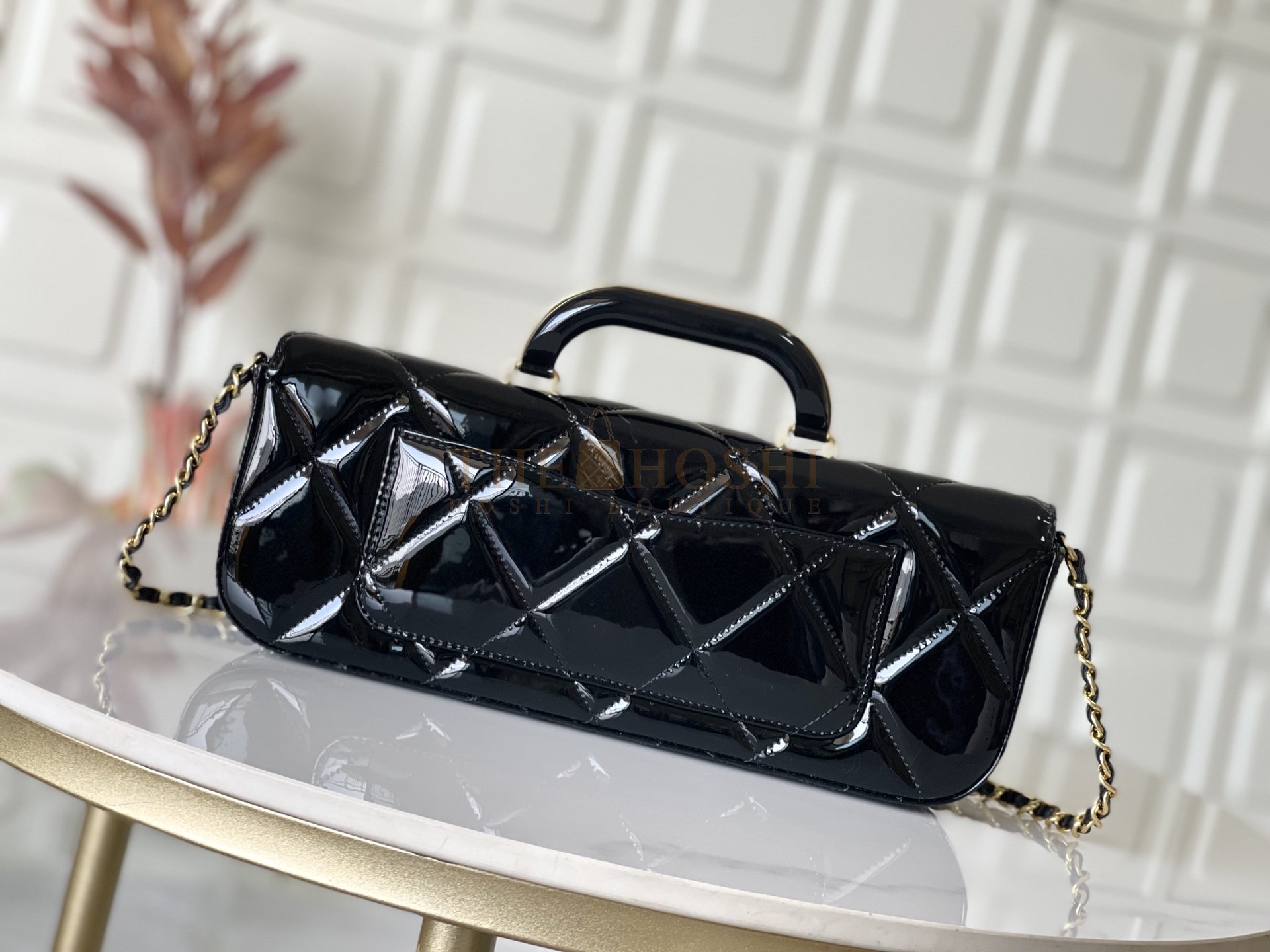 Ch**el CH 25K Patent Flap Handle Bag AS5807 Black 12×29×5 cm
